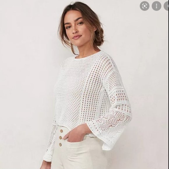 LC Lauren Conrad White Pointelle Crop Bell Sleeve Sweater - Picture 4 of 13